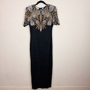 Lawrence Kazar Laurence Black Beaded Silk Gold Silver Long 80s Vintage Dress